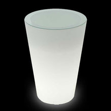 Lade das Bild in den Galerie-Viewer, Pint is an extremely elegant and linear high table. It is ideal to give personality in every kind of indoor and outdoor settings, thanks to its minimalist design but at the same time eccentric soul, particularly in its luminous version. The conical shape of Pint matches perfectly with the round tempered glass top, which gives a more sophisticated look to events and contract.